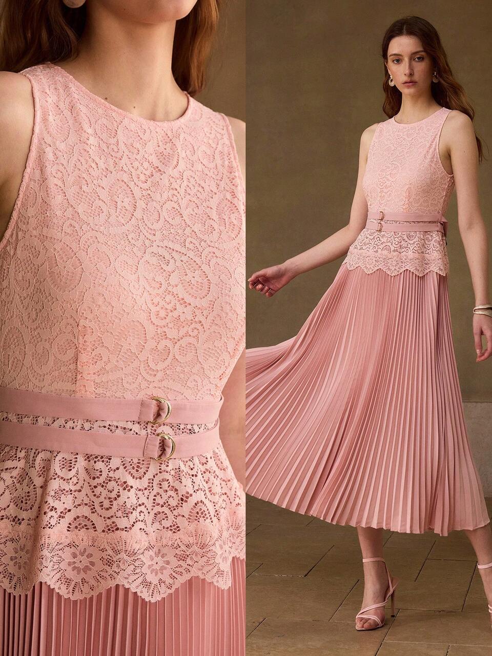 MOTF 2 IN 1 LACE PATCHWORK PLEATED HEM MIDI DRESS WEDDING CHRISTENING DIVORCE PARTY PINK SUMMER ROMANTIC ELEGANT