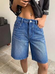 SHEIN ICON 女款寬鬆休閒百搭百慕大牛仔短褲，附口袋 - 中等水洗藍 - 查看 1