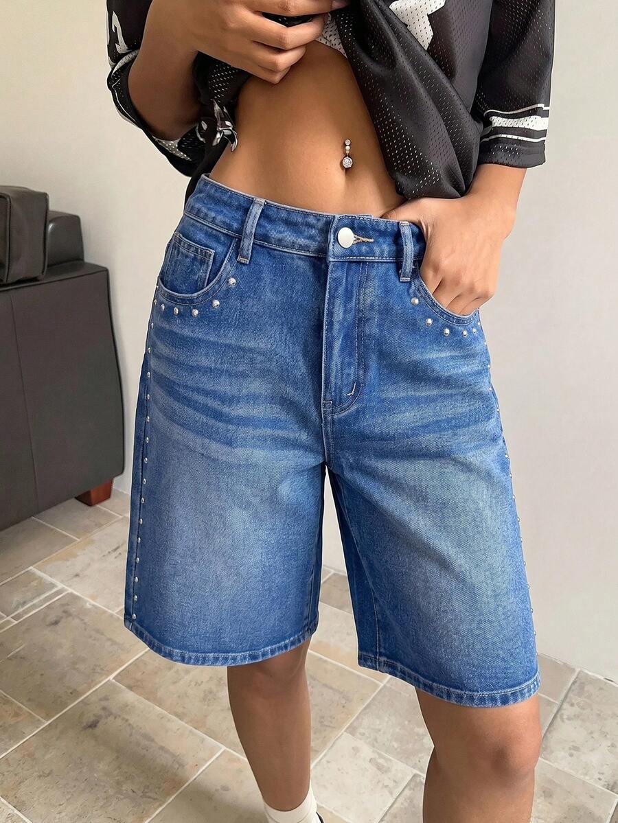 SHEIN ICON 女款寬鬆休閒百搭百慕大牛仔短褲,附口袋 - 中等水洗藍 - 查看 1