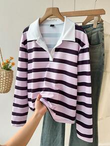 Muvela Women's Collared Long Sleeve Pink And Purple Striped Casual Preppy T-Shirt School Fall - Multicolor - View 9