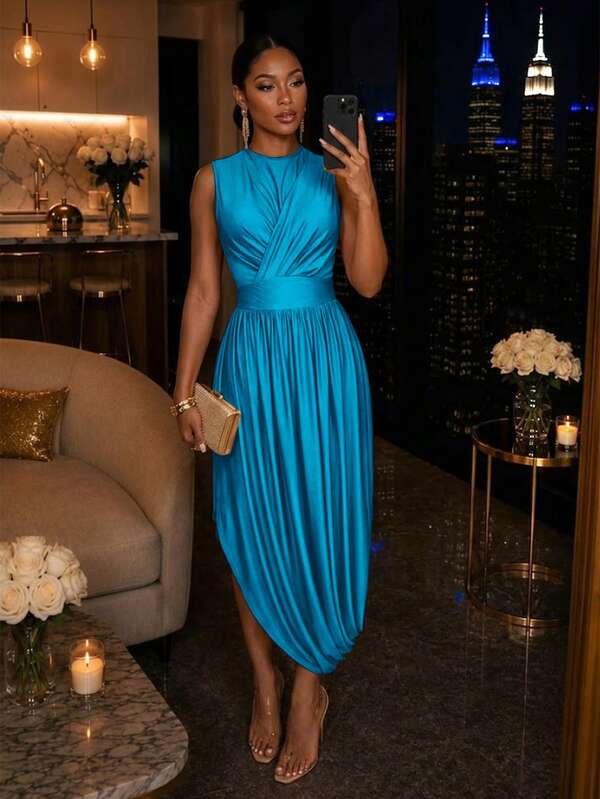 SOLERSUN Summer Women's High-End Waist-Cinching High-Waisted Design Light Teal Bodycon Slim Long Dress Dinner Elegant