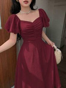 Modelyn Women's Spring/Summer Yellow Woven Short Sleeve Cinched Waist A-Line Burnout Pleated Elegant Romantic Mid-Length Dress - Burgundy - View 7