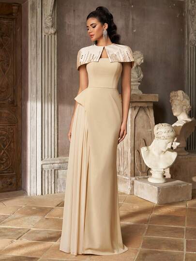 Aureia Elegant Luxury Khaki Color Rhinestone Pearl Detachable Shawl Cup Pleated Mermaid Skirt Party Dress Wedding Guest Dress Bachelorette Dress Formal
