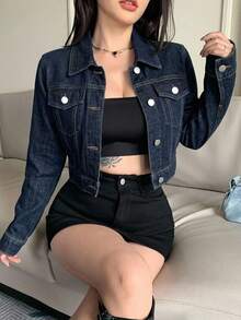 DAZY 女款秋季 Y2K 寬鬆休閒街頭風長袖牛仔夾克，大口袋設計 - 中等水洗藍 - 查看 4