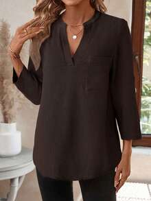 EMERY ROSE Camisa de trabajo para mujer con estampado integral, cuello con muesca y manga 3/4 para primavera/otoño - Café integral - Ver 5