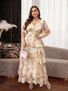 Modelyn Plus Size Women's V-Neck Floral Print Pleated Elegant Party Dress - Apricot - View 5