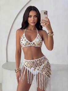 Swim SXY Conjunto de playa de 3 piezas para mujer de verano y vacaciones, top de bikini halter con lazo, espalda descubierta, sexy, de alta gama, color liso, estilo europeo y americano, hecho a mano, con patchwork calado, lentejuelas plateadas reflectantes tipo espejo y falda con pañuelo y flecos - Blanco - Ver 5