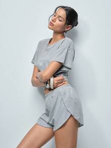 Softvol Set de 2 piezas compuesto por top holgado de punto a rayas con abertura lateral y shorts, conjunto informal de ropa de estar en casa - Negro - Ver 5