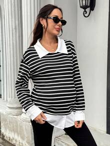 SHEIN Maternity Collared White Pattern Casual Soft Form 1960s Normal Loose Sweatshirt Autumn Outfit For Women Winter Gender Reveal Formal Homewear Office - Black - View 8