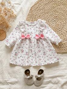 SHEIN Vintaside Kids 新生女嬰純白色圓領荷葉邊卡通櫻桃印花長袖紅色蝴蝶結洋裝，優雅可愛，適合秋季派對拍照 - 彩色 - 查看 4