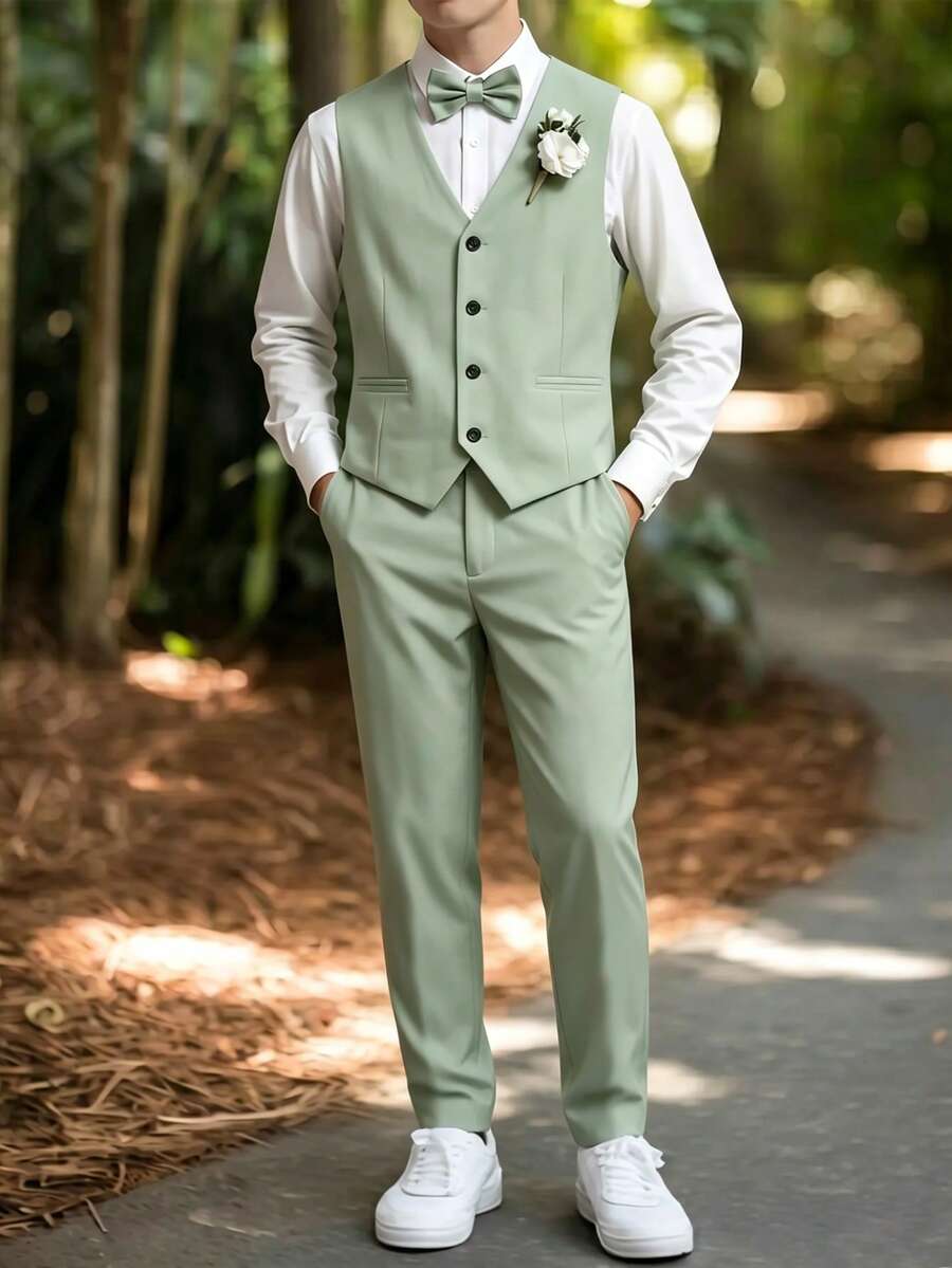SHEIN 2 件套青少年男孩绅士装 - 修身薄荷绿背心 + 纹理长裤,优雅正式西装,适合生日、婚礼、毕业派对、婚礼嘉宾、花童、戒指持有人 - 薄荷綠 - 查看 1