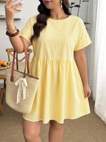 Enliva Plus Size Women's Spring/Summer Fashion Casual Loose Comfortable Refreshing Daily Versatile Slimming Yellow Short Sleeve Shirt Dress, Vacation - Yellow - View 8