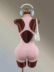 Amplova Solid Color Sleeveless Backless Athletic Romper Shorts - Pink - View 7