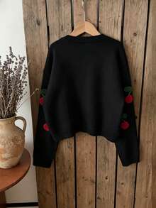 SHEIN Genkimix Kids Fashion Casual Sweet Cherry Girls' Pullover Sweater Autumn Fall - Black - View 2