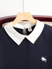 SHEIN 青少年女孩襯衫領刺繡小馬圖案秋冬衛衣 2合1拼接款 - 藏蓝色 - 查看 5