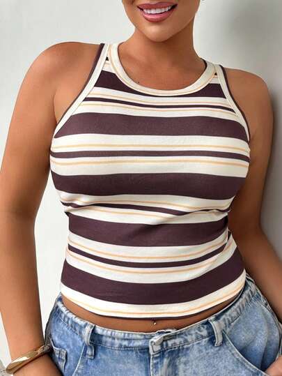 Dazy Plus Camiseta sin mangas ajustada sexy de rayas para mujer talla grande primavera/verano