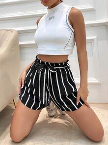 Breezaya Plus Size Black White Vertical Stripe Paperbag Waist Self Tie Bow Loose Casual Lounge Shorts Women Summer - Multicolor - View 4