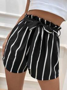 Breezaya Plus Size Black White Vertical Stripe Paperbag Waist Self Tie Bow Loose Casual Lounge Shorts Women Summer - Multicolor - View 6