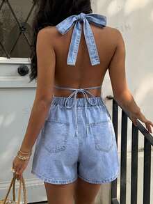 Rivivi Women's Deep V Halter Neck Non-Stretch Backless Sexy Denim Romper - Blue - View 2