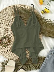 Selianne Camisola de tirantes ajustada con volantes y lazo delantero, estilo francés suave y efecto adelgazante - Verde militar - Ver 2