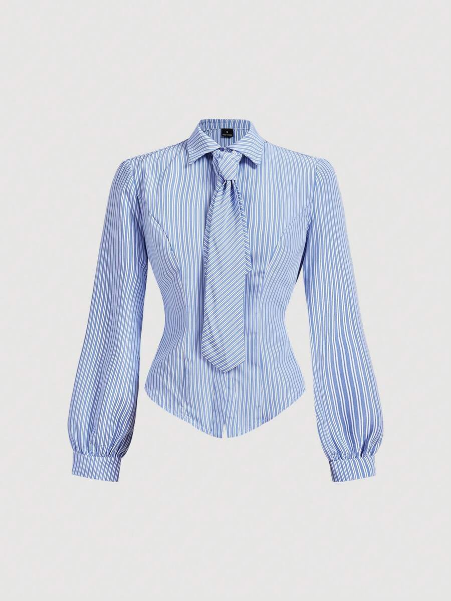 SHEIN MOD 女款藍白條紋領結裝飾襯衫 - 藍白色 - 查看 1