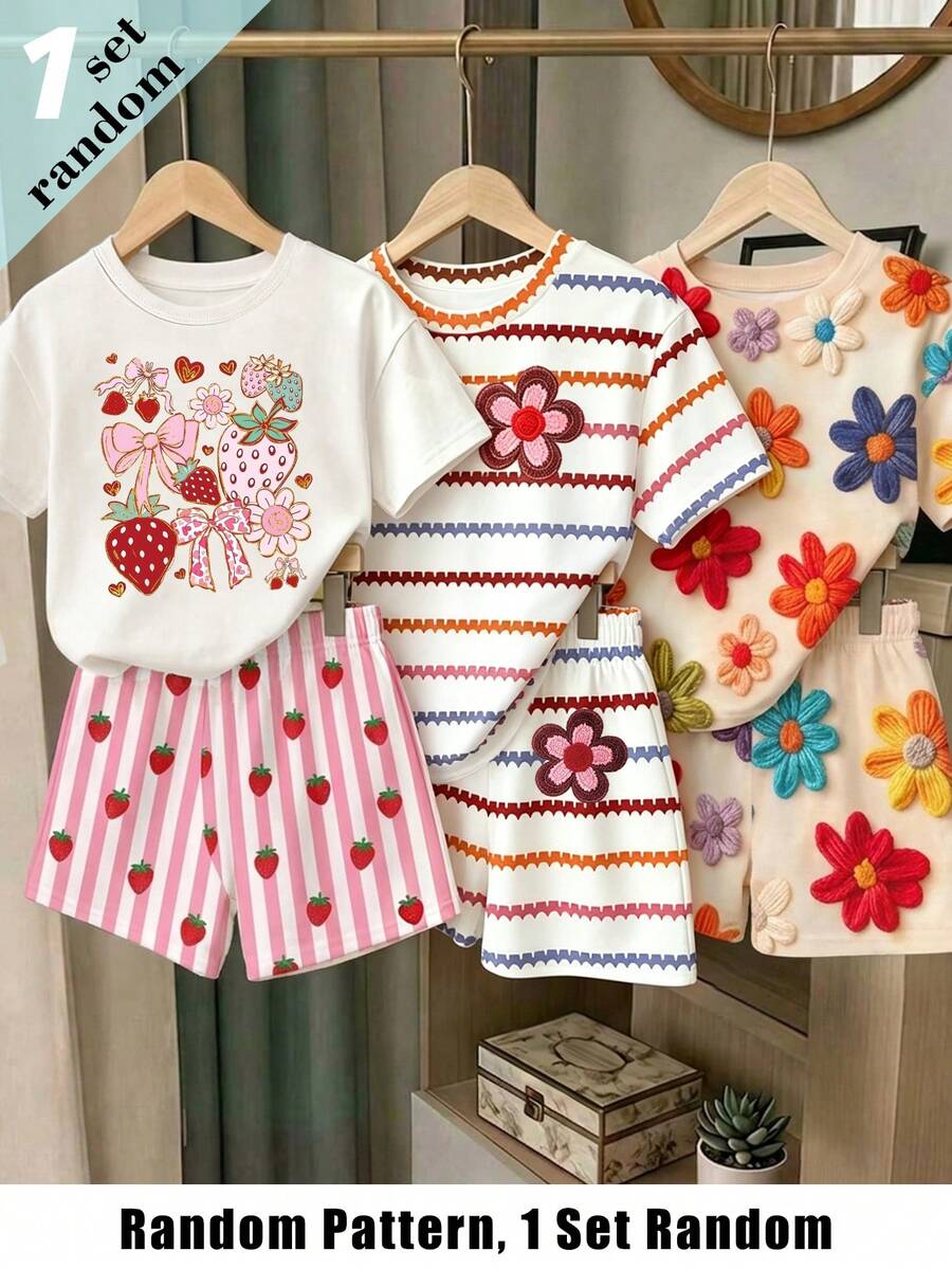 (Random Pattern, 1 Set Random) Girls' Fresh Strawberry Bow Heart Pink & White Striped Colorful Floral Striped Pattern Basic Short T-Shirt & Shorts - Multicolor - View 1