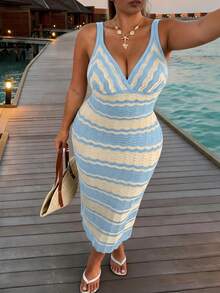 Firerie Vestido de punto a rayas con bloques de color casual para vacaciones talla grande - Azul - Ver 2