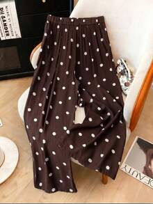 Franclia French Vintage Brown Polka Dot Wide Leg Pants, High Waist Draped Loose Slimming Thin Casual Long Pants Fall - Brown - View 7
