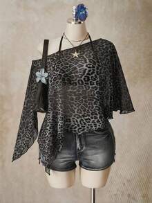 SHEIN ICON Casual Minimalist Leopard Print Pattern Plus Size Mesh Top For Women, Suitable For Summer - Multicolor - View 3