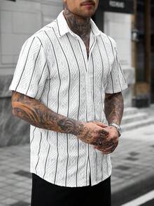 Manfinity CasualCool 男士短袖翻領單排扣黑白對比條紋襯衫 - 白色 - 查看 6