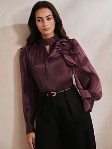 Anewsta Women's Elegant Heavy Embroidery Semi-High Neck Frill Trim Blouse - Purple - View 4