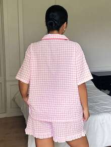 Dazy Plus Summer Sweet Plaid Trim Short Sleeve Ruffle Shorts Set Plus Size Women Spring Summer Pink Cute Pajama Set - Pink - View 8