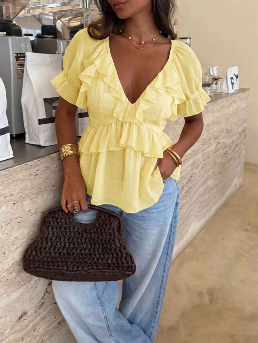 Aloruh Blusa bohemia de unicolor con volantes para mujer - Amarillo - Ver 1
