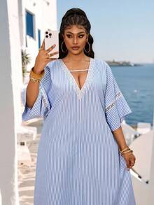 Maweii Plus Size Women's Spring Summer Casual Vacation Vintage Minimalist Loose V-Neck Dolman Sleeve Short Sleeve Woven Striped Dress - Blue and White - View 2
