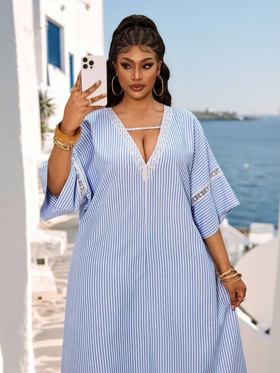 Maweii Plus Size Women's Spring Summer Casual Vacation Vintage Minimalist Loose V-Neck Dolman Sleeve Short Sleeve Woven Striped Dress