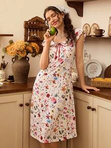 Floral Digital Print Round Neck Double-Layer Ruffle Trim Bow Tie Soft & Comfortable Rib Knit Fabric Cap Sleeve Mid-Length Dress, Pastoral Sweet Dress - Apricot - View 1