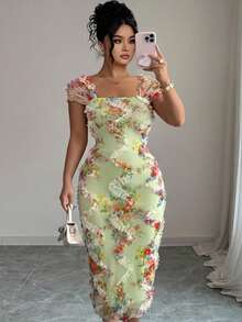 Elenzga Plus Size Women's Elegant Romantic Random Floral Print Ruched Waist Midi Dress, Suitable For Wedding, Party, Date And Other Occasions In Spring/Summer - Green - View 3