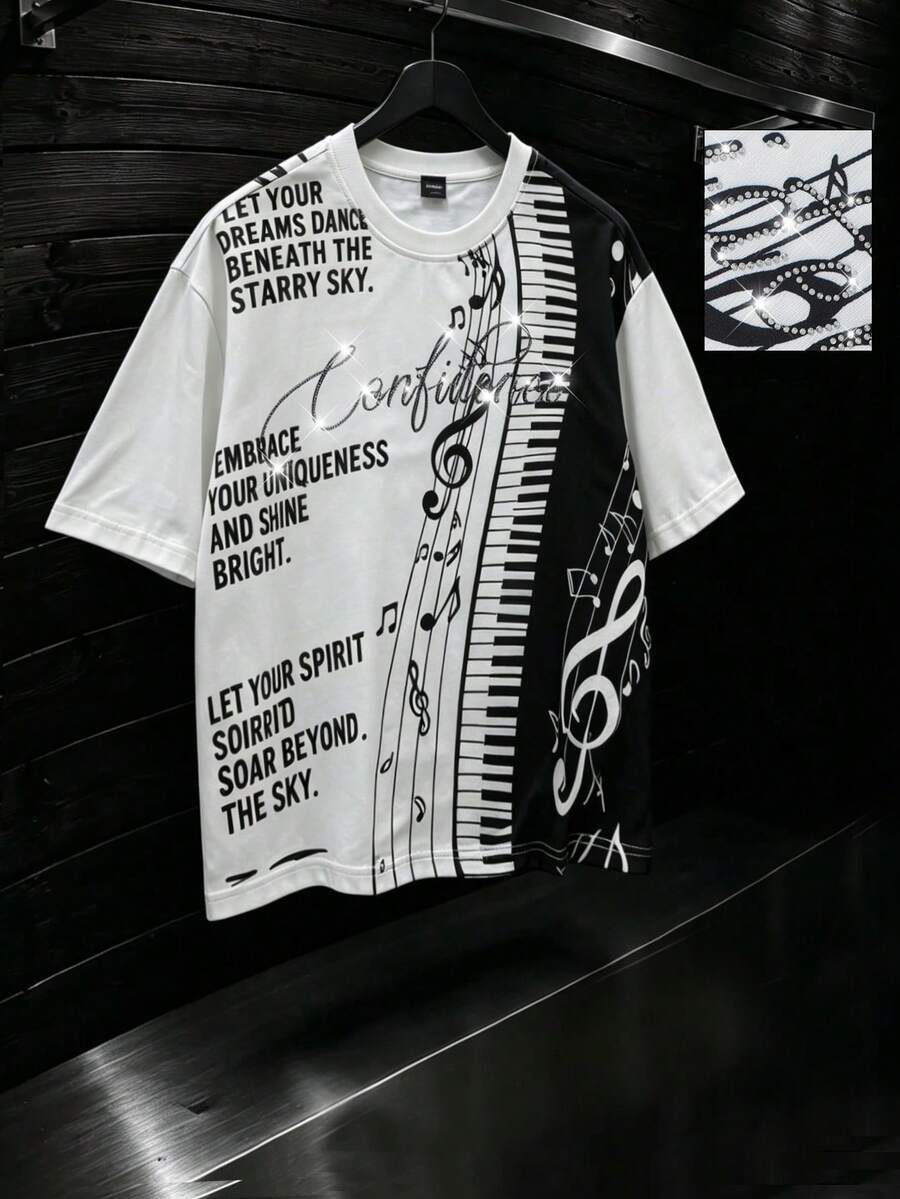 ROMWE MEN Street Life 男士寬鬆版型短袖T恤,音樂符號印花搭配閃亮水鑽 - 白色 - 查看 1