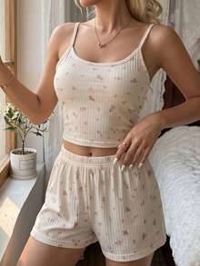 CottageSlumber 2pcs Ditsy Floral Camisole And Shorts Pajama Set, Sweet And Comfortable For Summer - Apricot - View 7