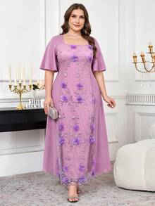 SHEIN Clasi 大尺碼夏季優雅3D花卉刺繡網紗拼接洋裝 - 紫色 - 查看 6