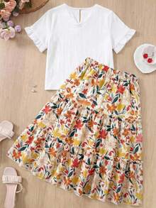 SHEIN Teen Girl Simple Round Neck Ruffle Trim T-Shirt And Floral Print Midi Skirt Set, Casual Vacation - White - View 3