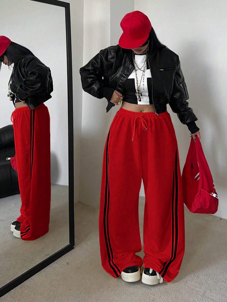 POPSWAY Plus Size Slouchy Sports Style Yellow Striped Sweatpants For Women, High Waist Drawstring Loose Wide Leg Pants, Autumn 2025 - Red - View 1