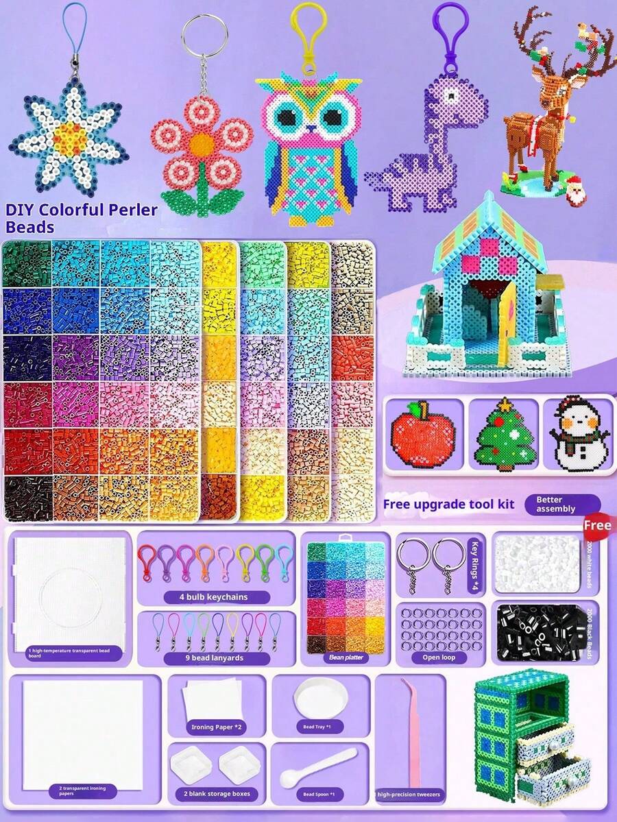 MINKOJA 24/48/72 Colors Perler Beads 2.6mm Bead Craft Kit, Includes 1 Pegboard, Ironing Paper, Keychain, Tray, Tweezers, Suitable For DIY Jewelry, Pixel Art, Handicraft Decoration And Creative Projects, Christmas Gift
