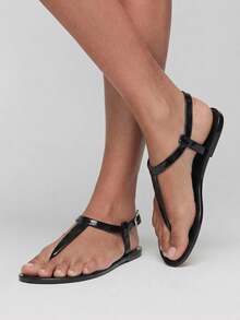 Grefit Damen Schuhe Frühling und Sommer neu runde Zehenpartie flache Sohle lässig Urlaub einfach schwarze Damen flache Sandalen - Schwarz - Übersicht 4