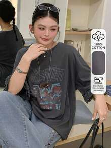 Dazy Plus 春夏寬鬆休閒棉質拼色透視蕾絲短袖字母印花T恤，百搭大尺碼女款與女孩圖案T恤 - 深灰色 - 查看 1
