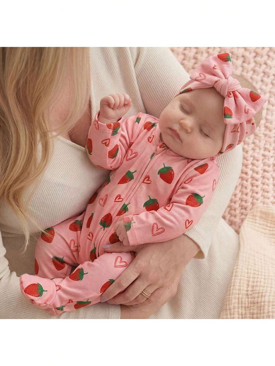 SHEIN Newborn Baby Girl Cute Knitted Pink Bow Pattern Romper Loungewear - Multicolor - View 1