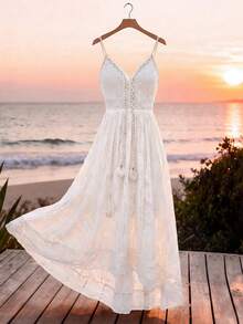 GlowEve Women's Solid Color Fringe Decor Elegant Spaghetti Strap Dress - White - View 5
