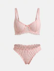 lacRébo Pink Floral Embroidered Mesh Lingerie Set With Underwired Bra And Matching Ruffled Thong Romantic Cute - Pink - View 7