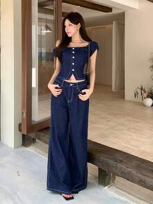 DAZY 夏季水洗藍色開學季優雅牛仔上衣直筒休閒牛仔褲套裝女款牛仔套裝 - 深色水洗藍 - 查看 4
