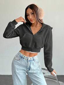 SHEIN PETITE Women Solid Color Front Zipper Long Sleeve Pocket - Dark Grey - View 5